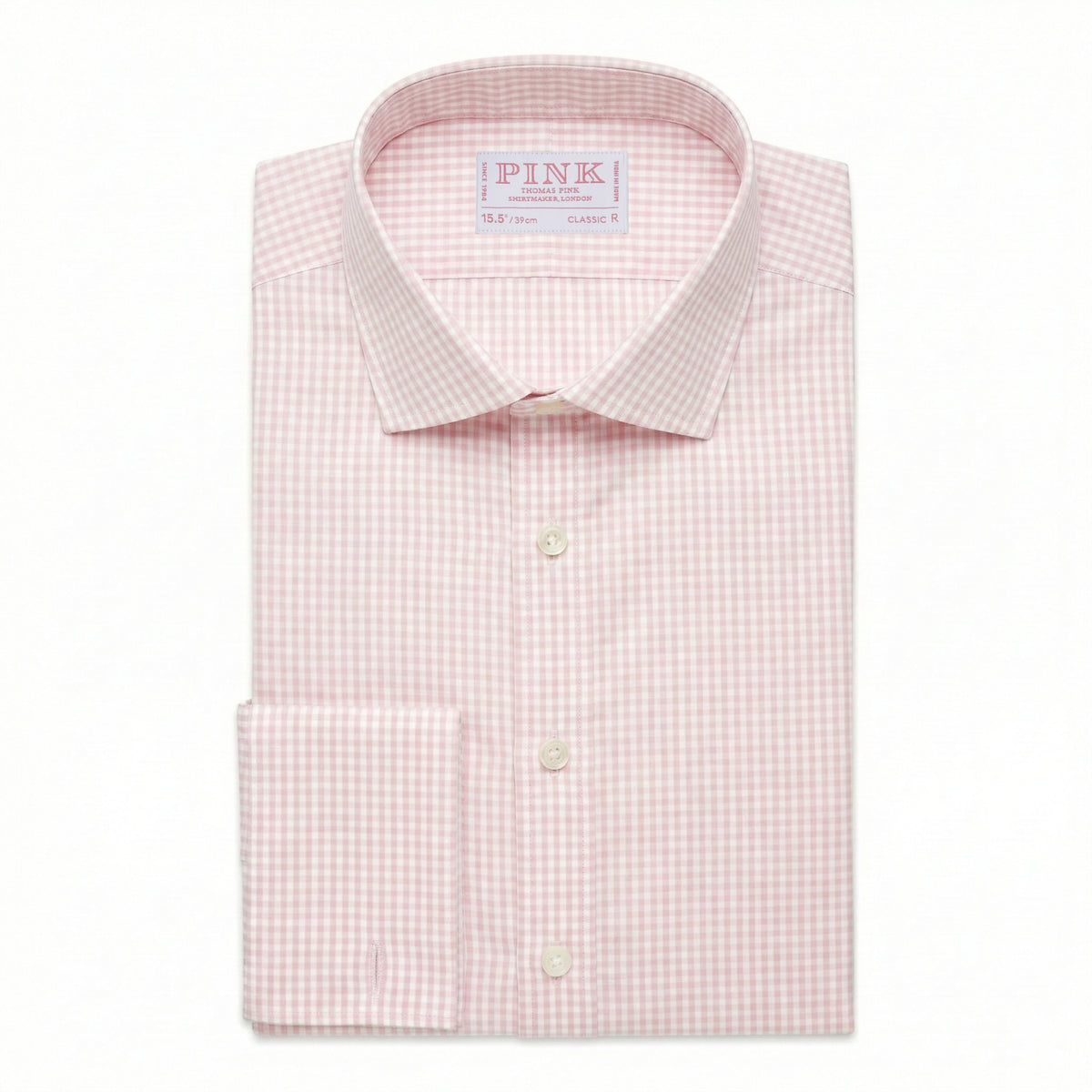 Camisa Formal Essential de Cuadros Gingham Corte Clásico con Puño Doble Rosa Pálido y Blanco
