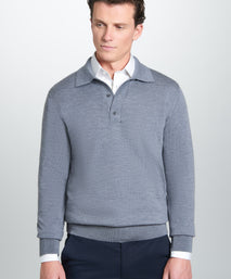 Pale Grey Merino Wool Long Sleeve Polo Shirt