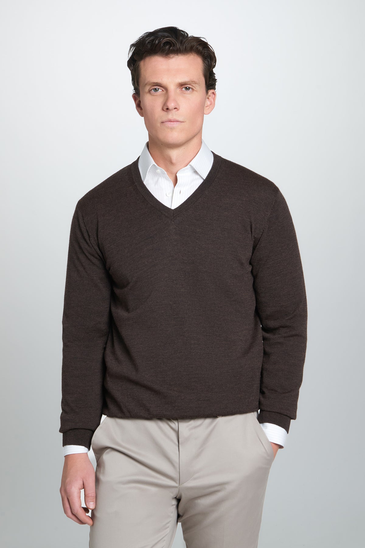 Chocolate Merino Wool V-Neck Sweater