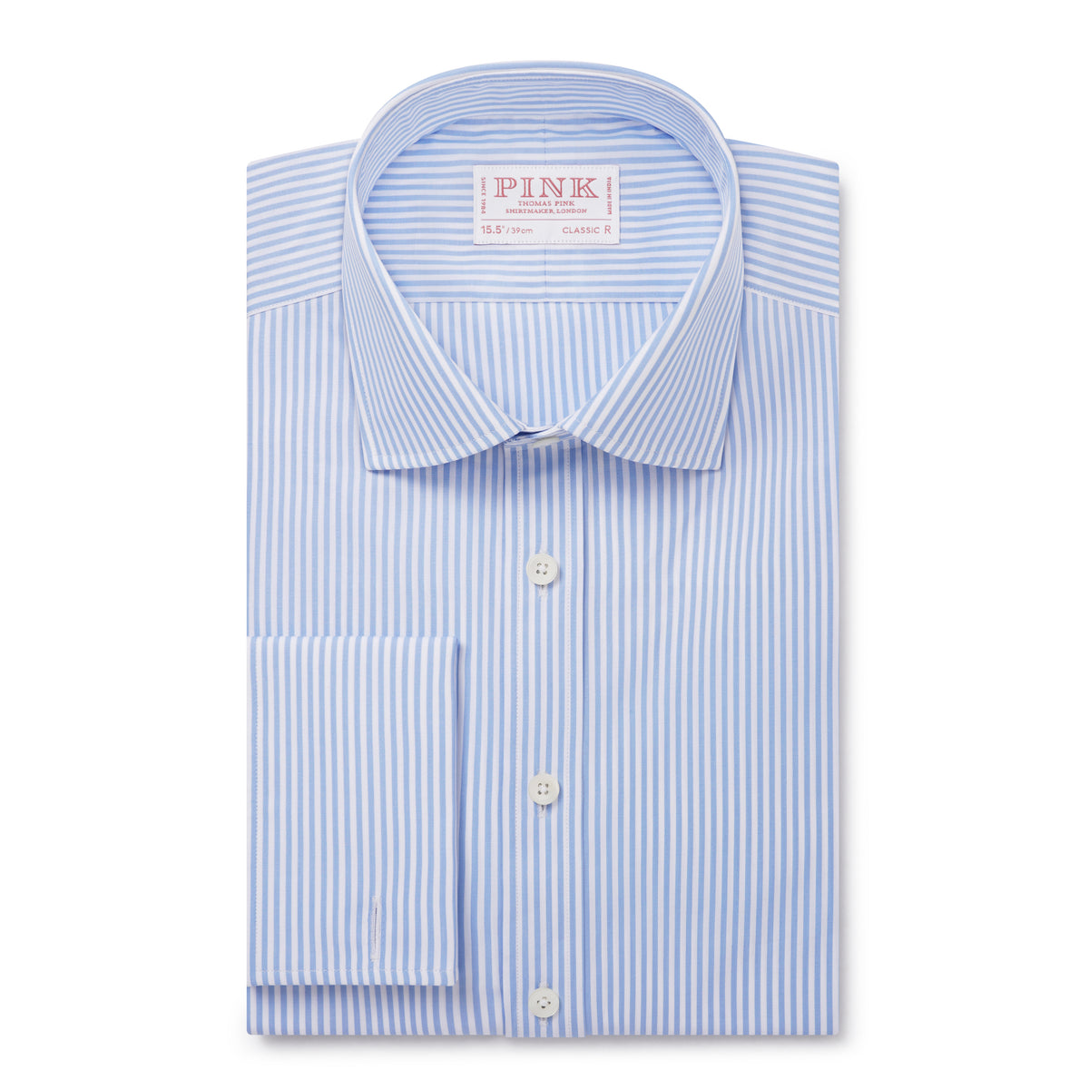 Pale Blue & White Classic Fit Double Cuff Essential Bengal Stripe Formal Shirt