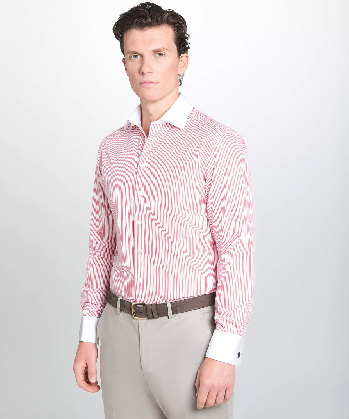 Red & White Tailored Fit Double Cuff Poplin Stripe Formal Shirt