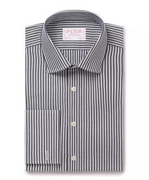 Charcoal Grey & White Classic Fit Double Cuff Panama Stripe Formal Shirt