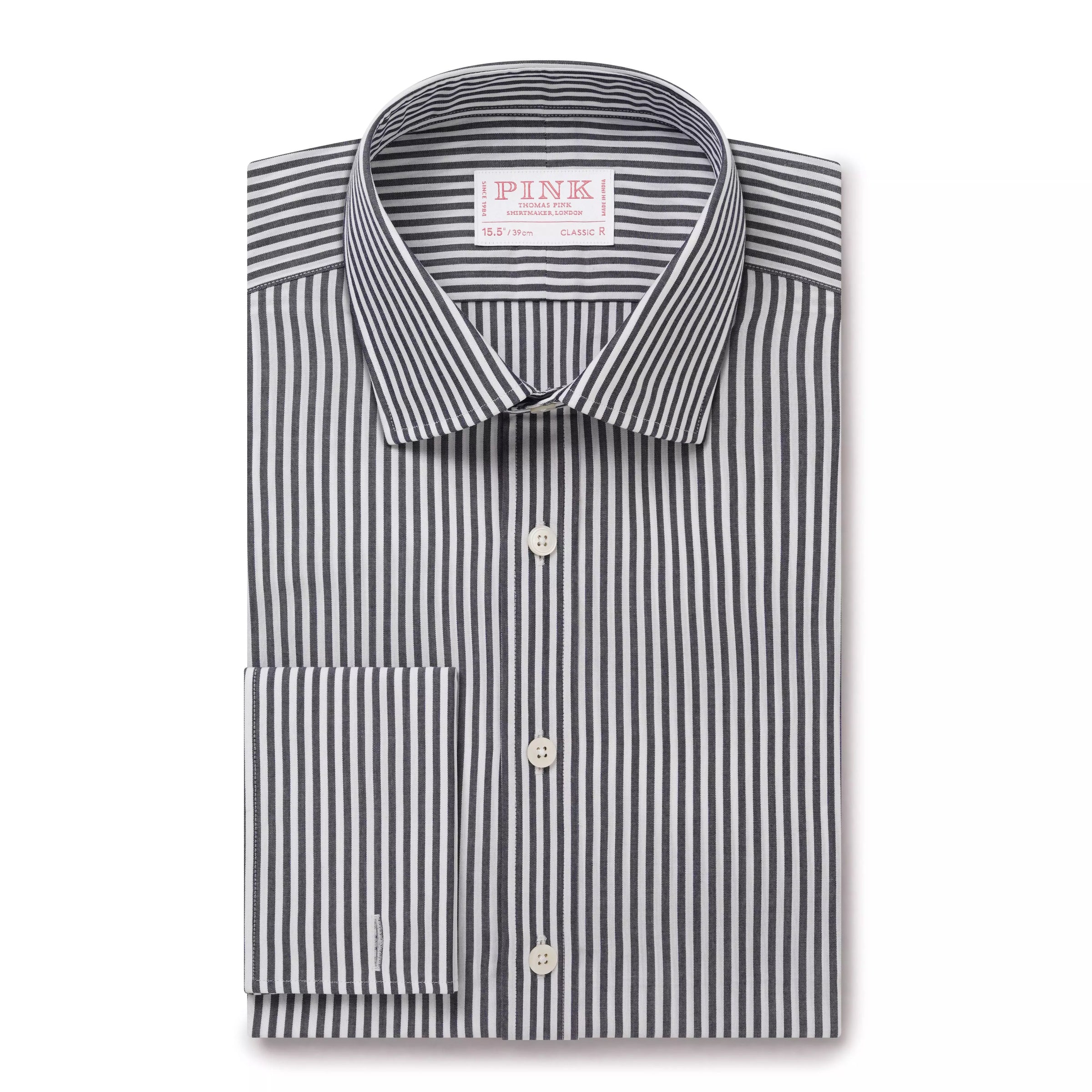 Charcoal Grey & White Classic Fit Double Cuff Panama Stripe Formal Shirt