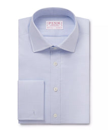 Pale Blue & White Tailored Fit Double Cuff Prince of Wales Check Formal Shirt