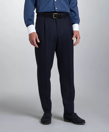 Navy Tailored Fit Wool Chalk Stripe Pleated Trouser